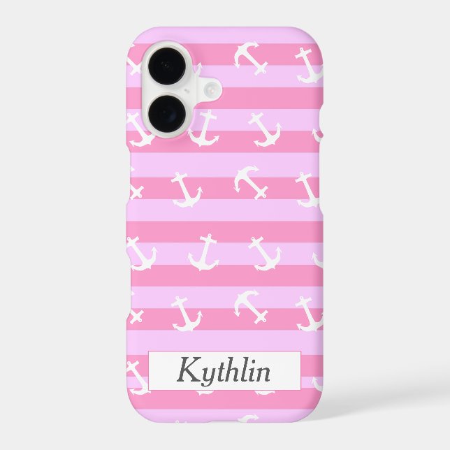 Cute Monogrammed Pink Stripes White Anchor Pattern (Back)