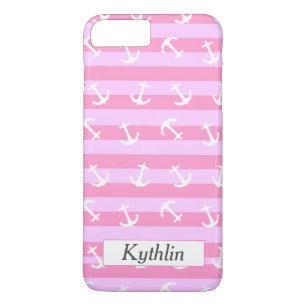 Cute Monogrammed Pink Stripes White Anchor Pattern iPhone 8 Plus/7 Plus Case