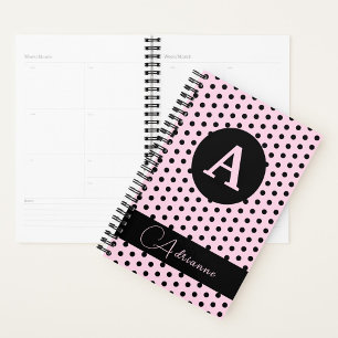 Cute Monogrammed Pink with Black Polka Dots Planner