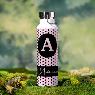 Cute Monogrammed Pink with Black Polka Dots Water Bottle