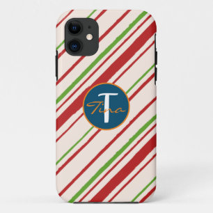 Cute monogrammed stripes red and green script iPhone 11 case