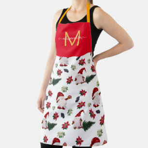 Cute monogrammed watercolor christmas gnome apron