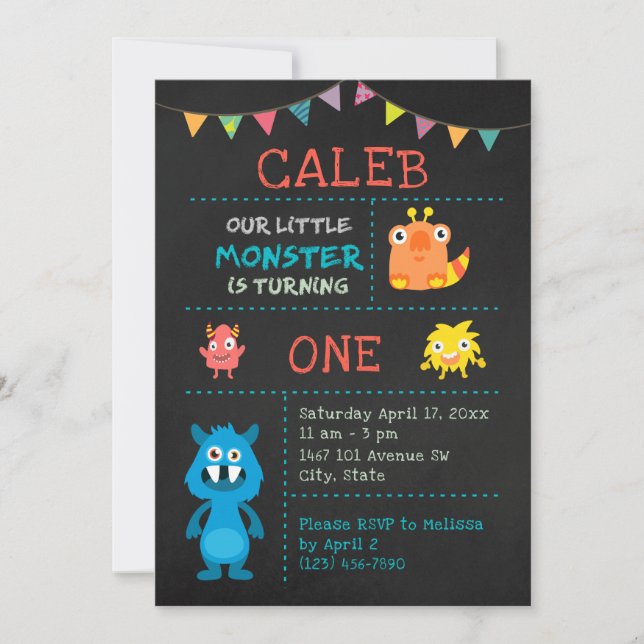 Cute Monster 1st Birthday Chalkboard Banner Invitation (Front)