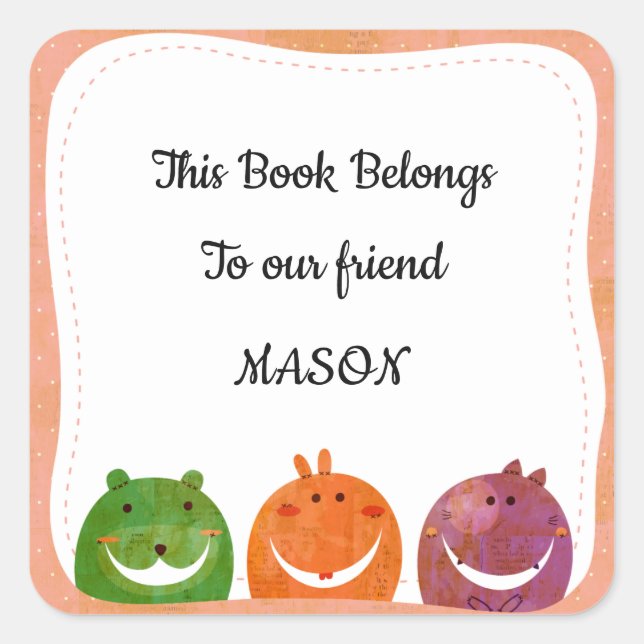 Cute monster add your name template bookplate square sticker (Front)