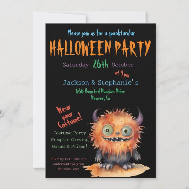 Cute Monster Bash Halloween Costume Party Invitation (Front)