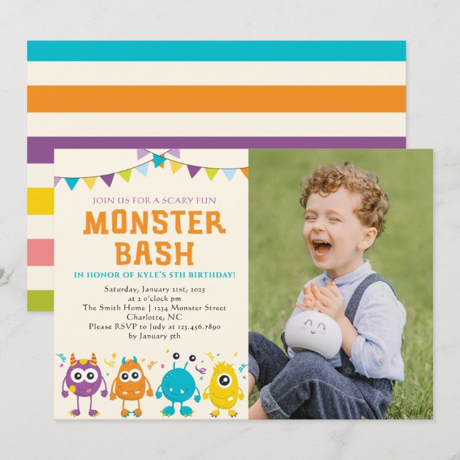 Cute Monster bash photo birthday party Invitation (Front/Back)