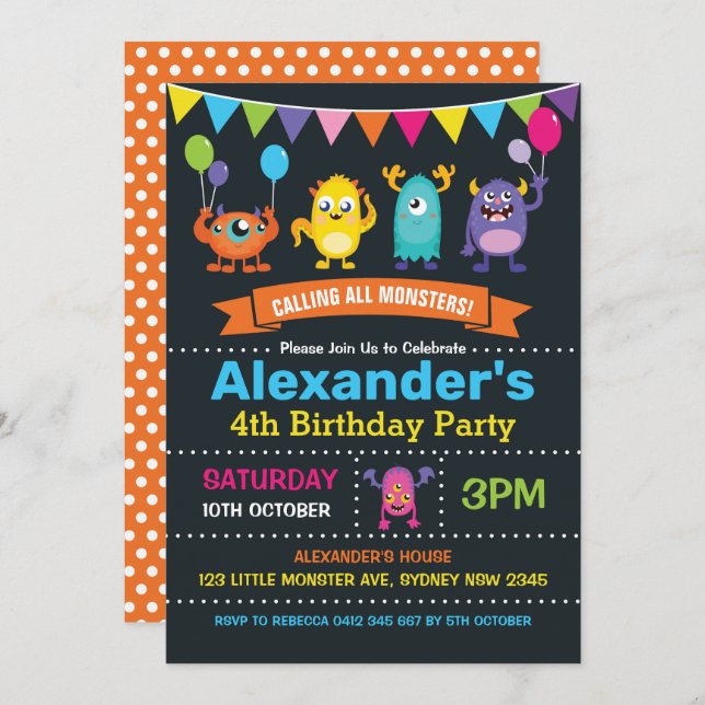 Cute Monster Birthday Party Chalkboard Invitation (Front/Back)