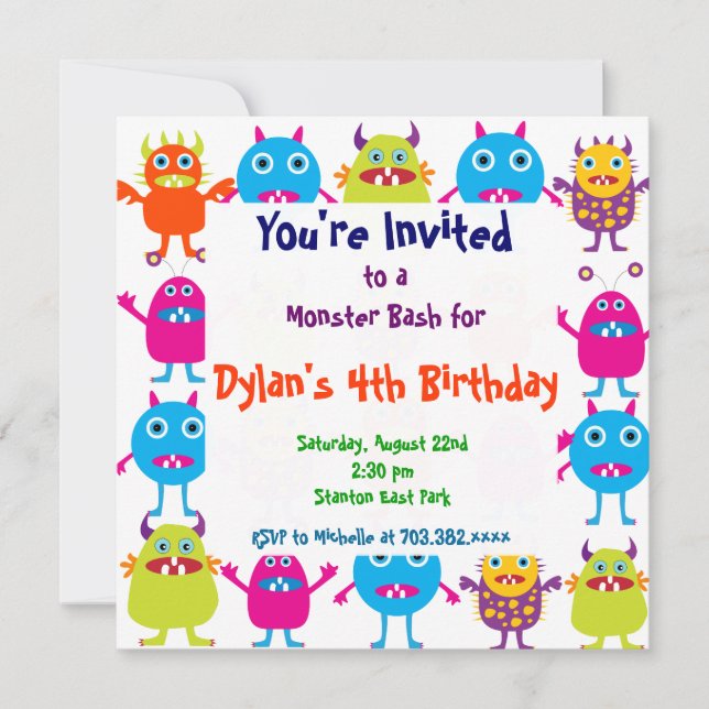 Cute Monster Birthday Party Invitation Templates (Front)