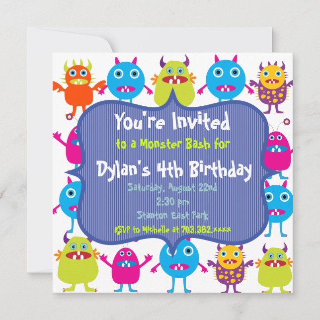 Cute Monster Birthday Party Invitation Templates (Front)