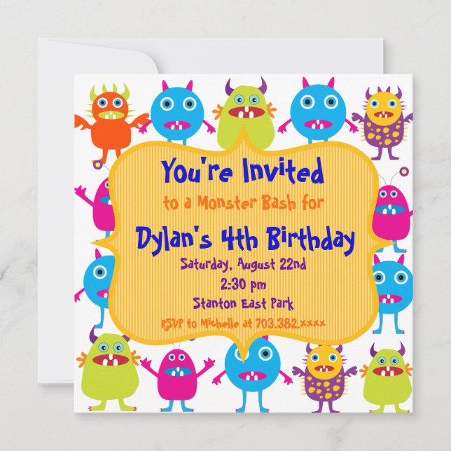 Cute Monster Birthday Party Invitation Templates (Front)