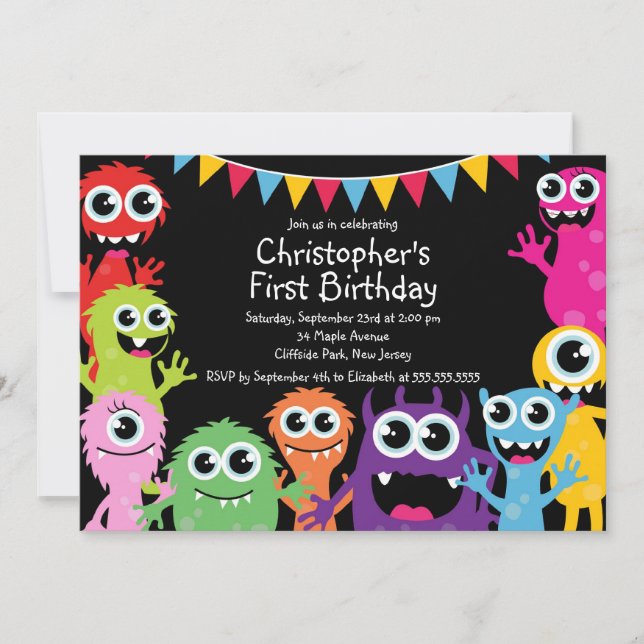 Cute Monster Birthday Party Invitations (Front)