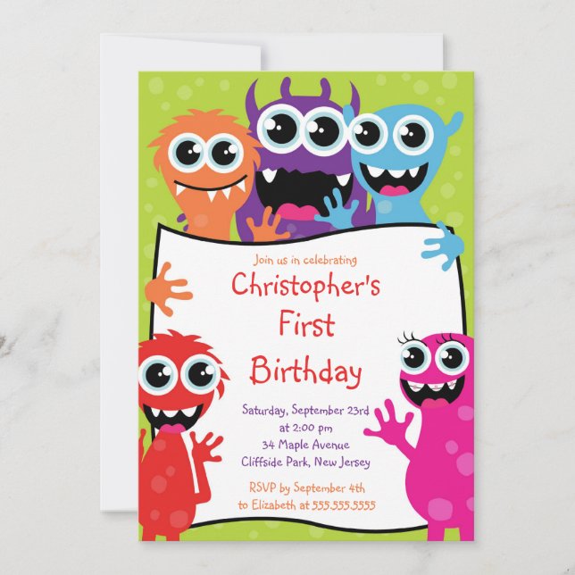 Cute Monster Birthday Party Invitations (Front)
