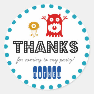 Cute monster birthday party sticker, thank you classic round sticker