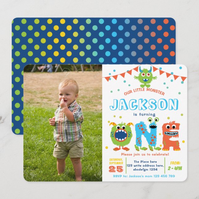 Cute Monster Boy 1st birthday photo Invitation (Front/Back)