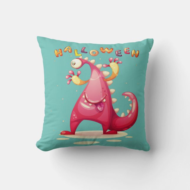 Cute Monster Dino Halloween Coloured Cushion (Front)