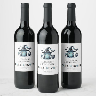 Cute Monster Fall Halloween Blue Coed Baby Shower Wine Label