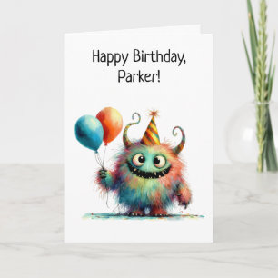 Cute Monster in Birthday Hat with Balloons Card