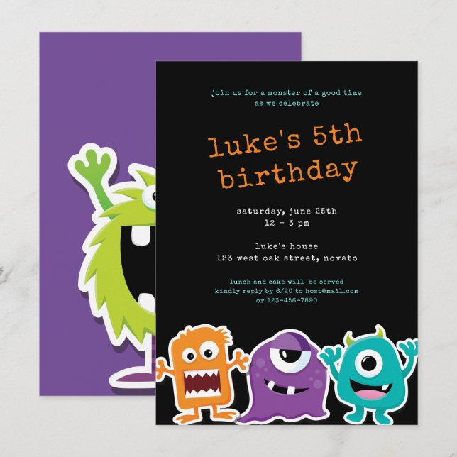 Cute Monster Mash Kids Birthday Party Invitation (Front/Back)