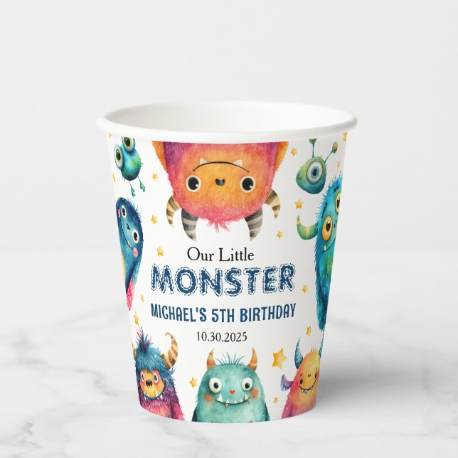 Cute Monster Mash Watercolor Kids' Birthday Party  Paper Cups (Front)