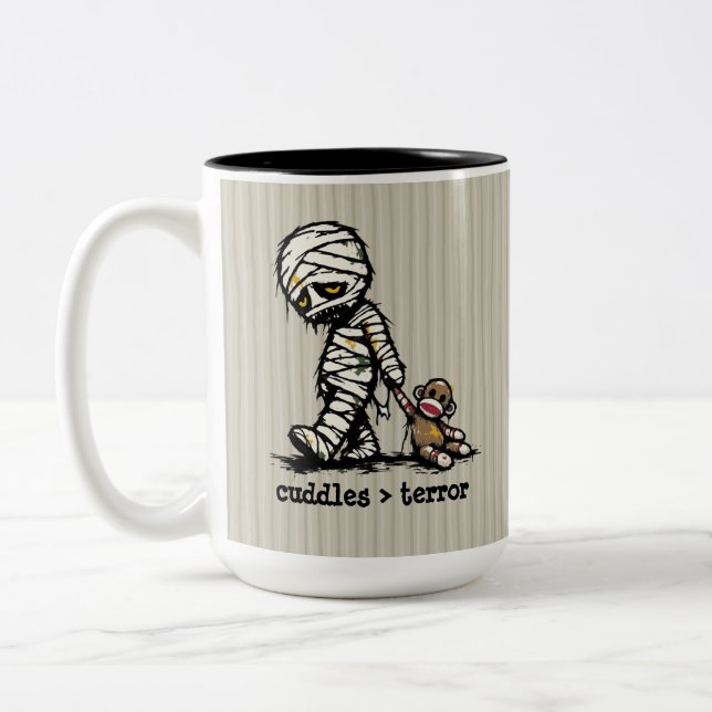 Cute Monster Mummy Sock Monkey Toy Funny Phrase Two-Tone Coffee Mug (Left)
