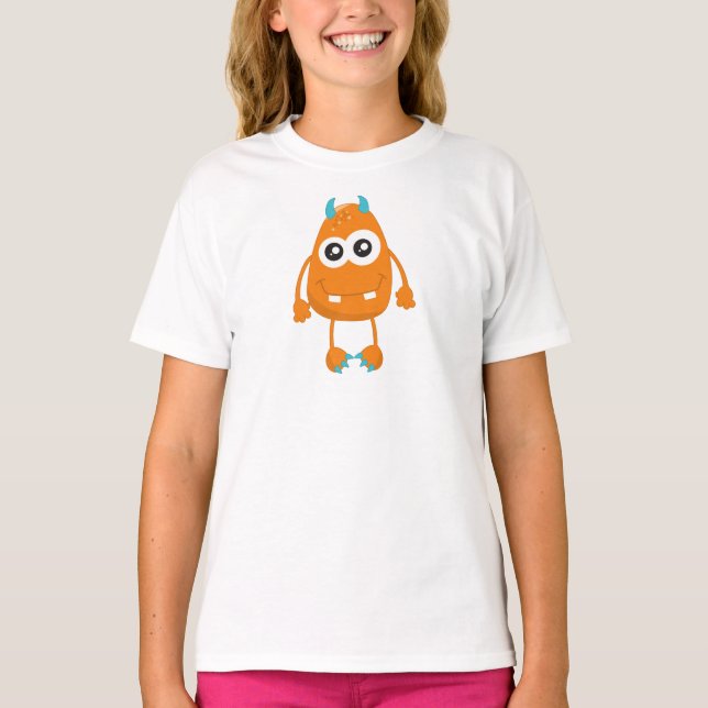 Cute Monster, Orange Monster, Funny Monster, Horns T-Shirt (Front)