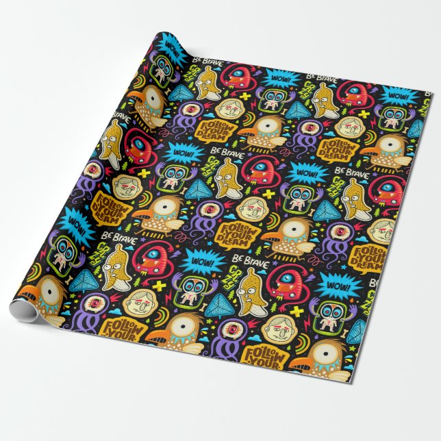 Cute Monster Pattern Wrapping Paper (Unrolled)