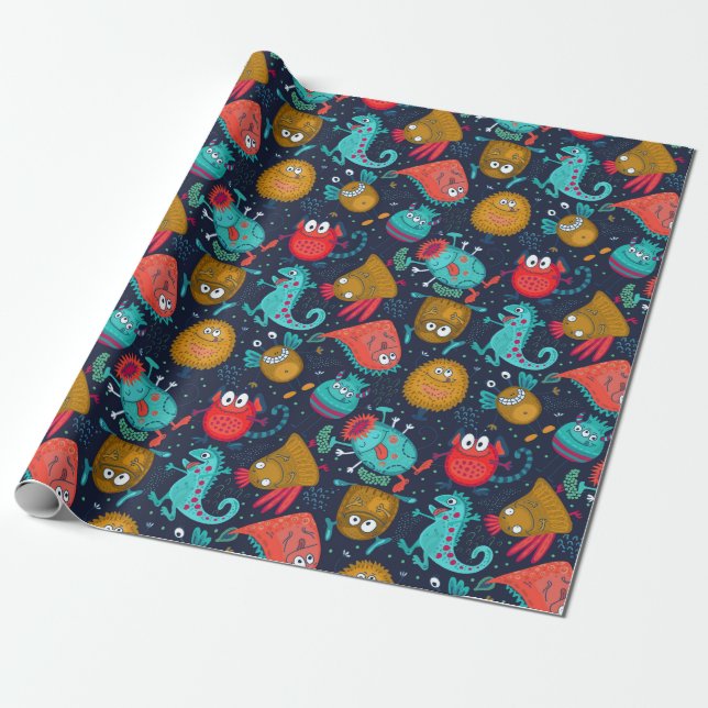 Cute Monster Pattern Wrapping Paper (Unrolled)