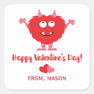 Cute Monster Red and Pink Hearts Valentine's Day Square Sticker