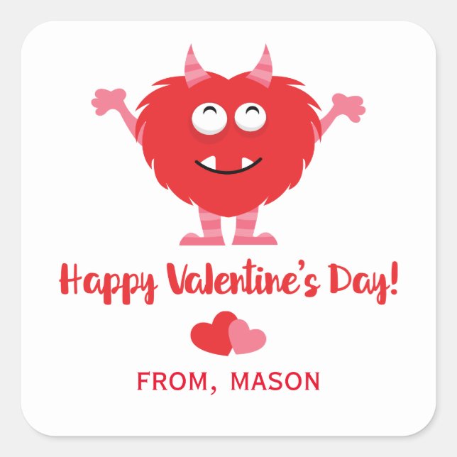 Cute Monster Red and Pink Hearts Valentine's Day Square Sticker (Front)