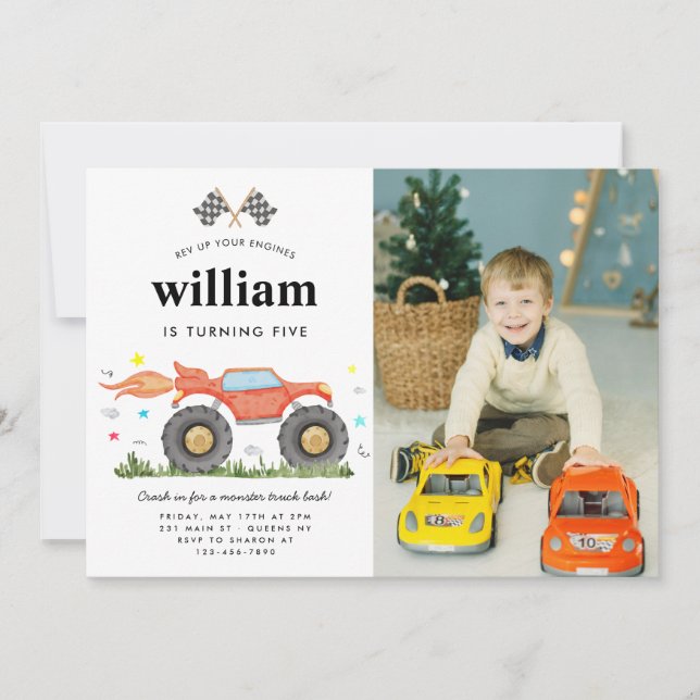 Cute Monster Truck Bash Race Photo Kids Birthday Invitation (Front)