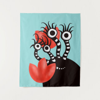 Cute Monster With Four Eyes Abstract Tulips Kids Tapestry
