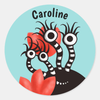 Cute Monster With Four Eyes Abstract Tulips Name Classic Round Sticker