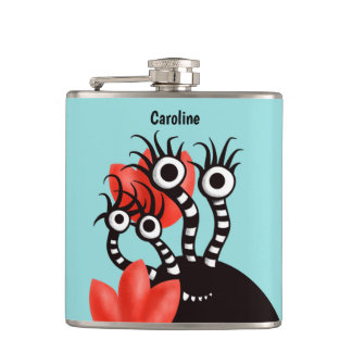 Cute Monster With Four Eyes Abstract Tulips Name Hip Flask