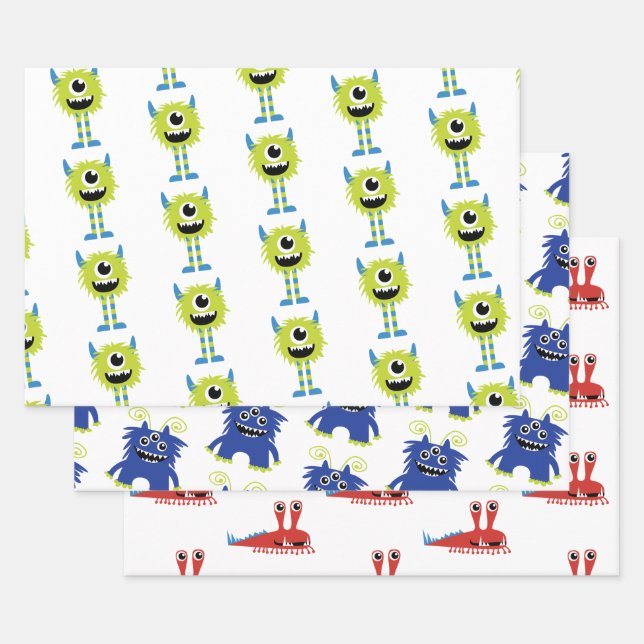 Cute Monsters Baby Boy Birthday Baby Shower Wrapping Paper Sheet (Set)