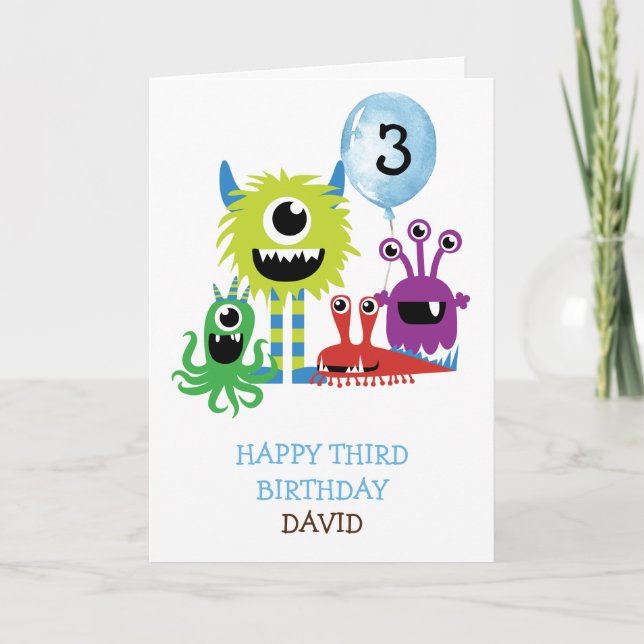 Cute Monsters Boy Happy Birthday Personalised Card (Front)