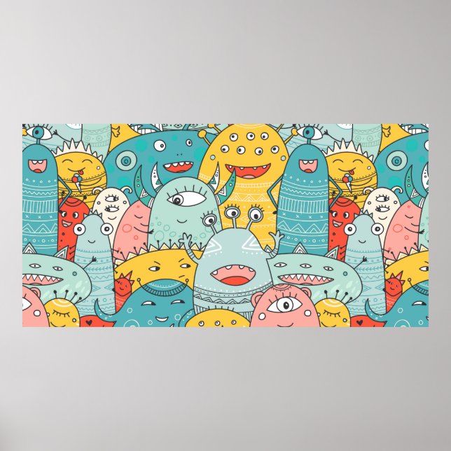 cute monsters crowd seamless pattern in boho style poster (Front)