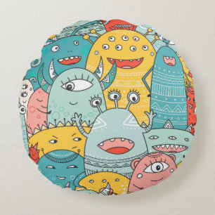 cute monsters crowd seamless pattern in boho style round cushion