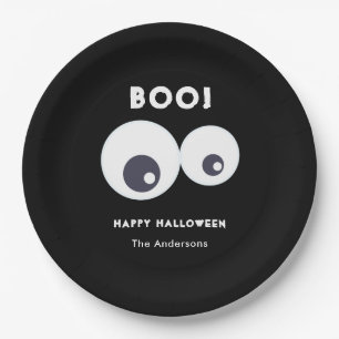 Cute Monsters Eyeballs Happy Halloween Black White Paper Plate