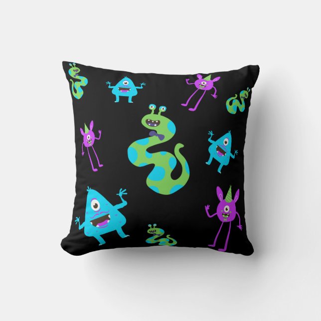 Cute Monsters Green Teal Blue Purple on Black Cushion (Front)
