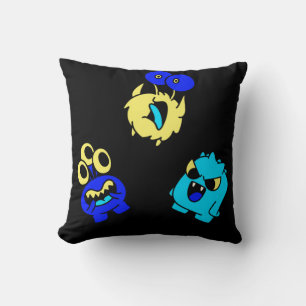 Cute Monsters Green Teal Blue Yellow on Black Cushion