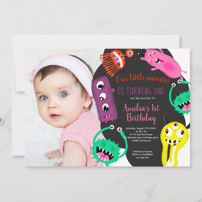Cute monsters illustration 1st birthday photo invitation (Front)