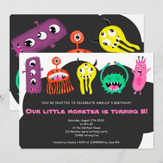 Cute monsters illustration 5th birthday party invitation (Front/Back)