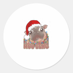 Cute Moo Deng Baby Hippo Christmas Lights Santa Ha Classic Round Sticker