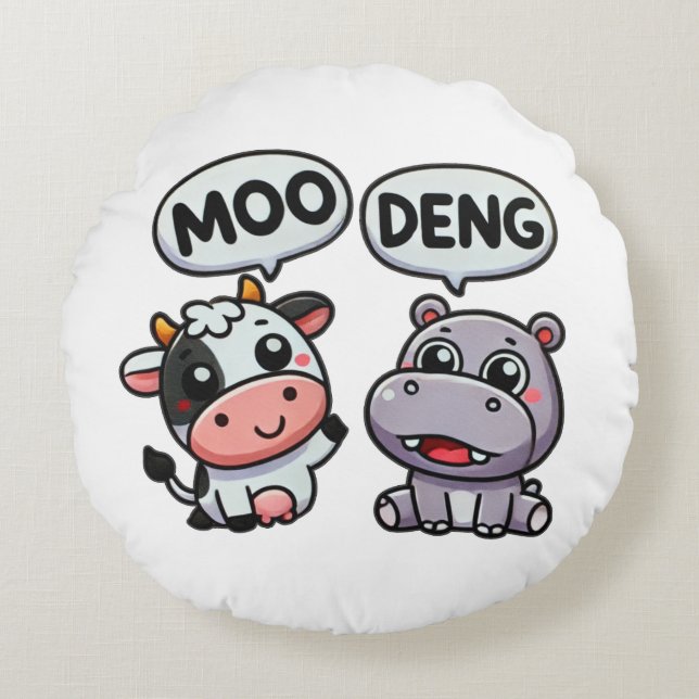 Cute Moo Deng & Cow Fun Round Cushion (Front)