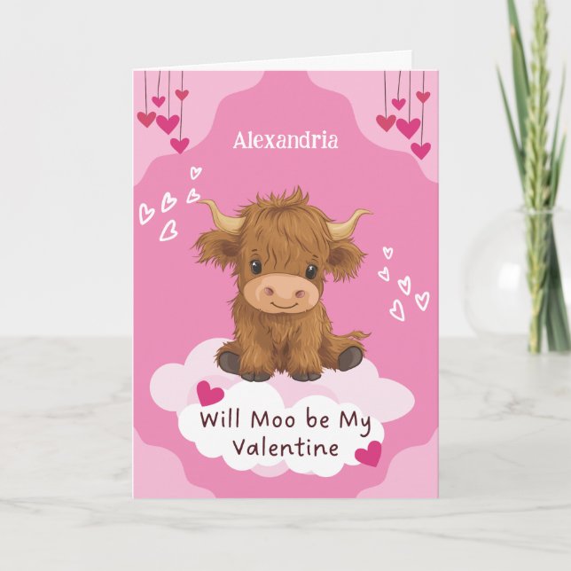 Cute Moo Highland Cow Valentine Holiday Card (Front)