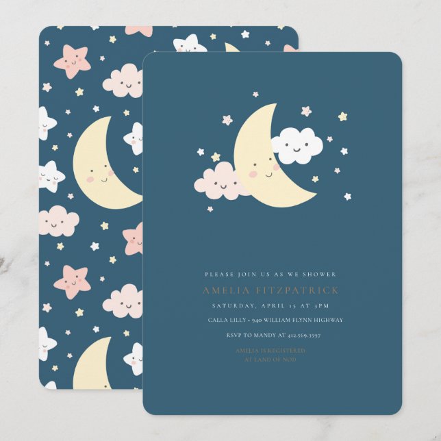 Cute Moon and Star Baby Shower Invitation Navy (Front/Back)