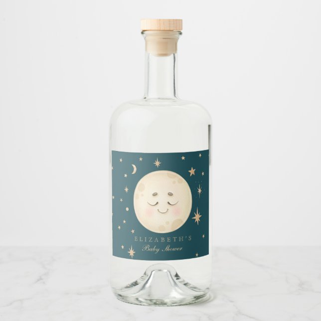Cute Moon and Star Navy Baby Shower  Liquor Bottle Label (Front)