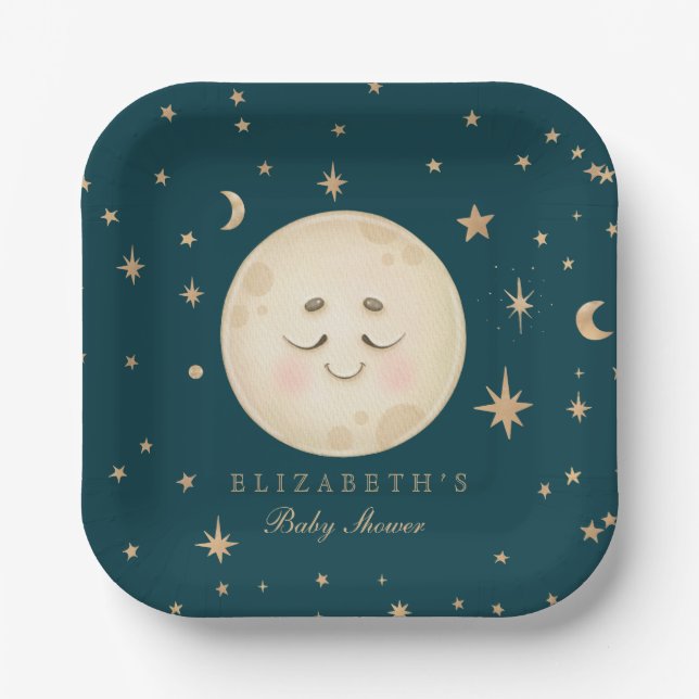 Cute Moon and Star Navy Baby Shower  Paper Plate (Front)