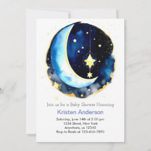 Cute Moon and Stars Space Girl Baby Shower Invitation