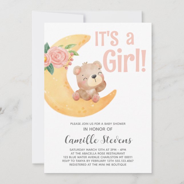 Cute Moon Bear Baby Shower Girl Invitation (Front)